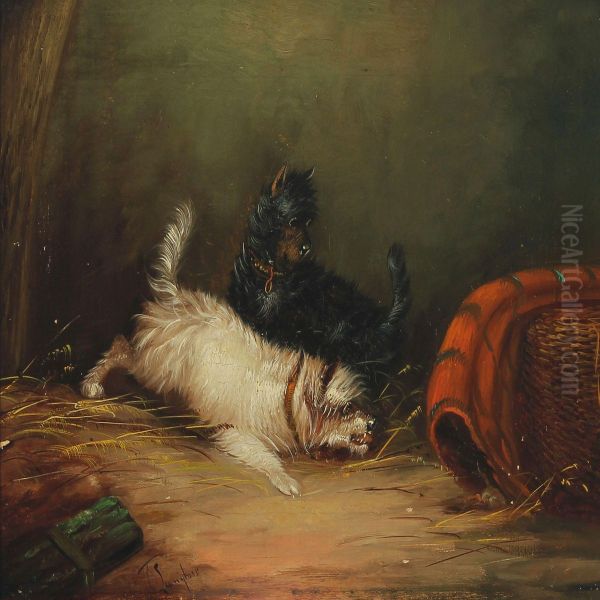 Terriers Chasing A Mouse Oil Painting by J. Langlois