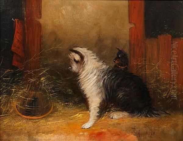 Terriers Ratting; And Another Similar Oil Painting by J. Langlois