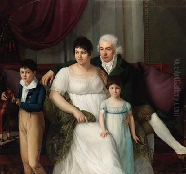 Portrait Of A Gentleman, His Wife And Two Children,three-quarter-length, In An Interior Oil Painting by Jerome Martin Langlois