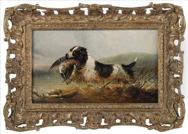 A Spaniel With Retrieved Mallard Oil Painting by Mark W. Langlois