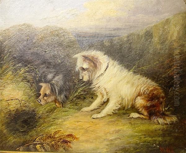 Terriers Waiting At A Rabbit Hole Oil Painting by Mark W. Langlois