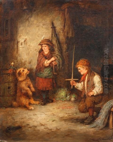 Two Children And A Terrier In A Cottageinterior Oil Painting by Mark W. Langlois