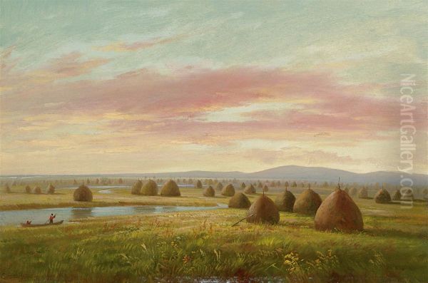 Haystacks, New England Oil Painting by Charles Lanman