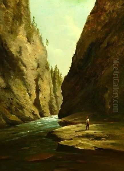 Fisherman On Rocks By Stream Oil Painting by Charles Lanman