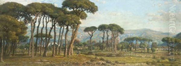 Paysage De Pinede Au Pied D'une Chaine De Montagnes Oil Painting by Felix Hippolyte Lanoue