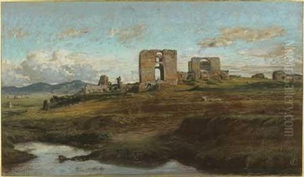 Ruines De L'aqueduc De Claude Dans La Campagne Oil Painting by Felix Hippolyte Lanoue