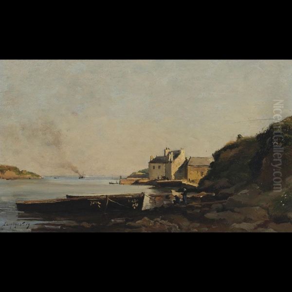 Coastal Scene With Beached Boats Oil Painting by Emmanuel Lansyer