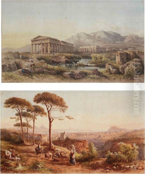 A View Of Naples With The Vesuvius In The Background; And The Temple Of Neptune And The Temple Of Hera, Paestum Oil Painting by Giovanni Giordano Lanza