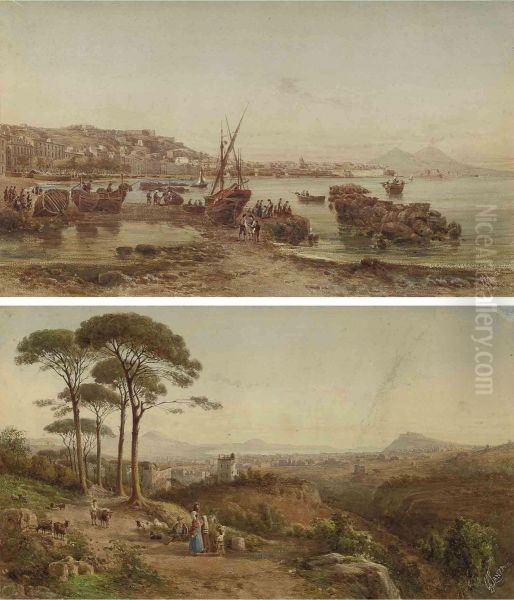 Neapolitan Fisherfolk On The Shore Before Vesuvius Oil Painting by Giovanni Giordano Lanza