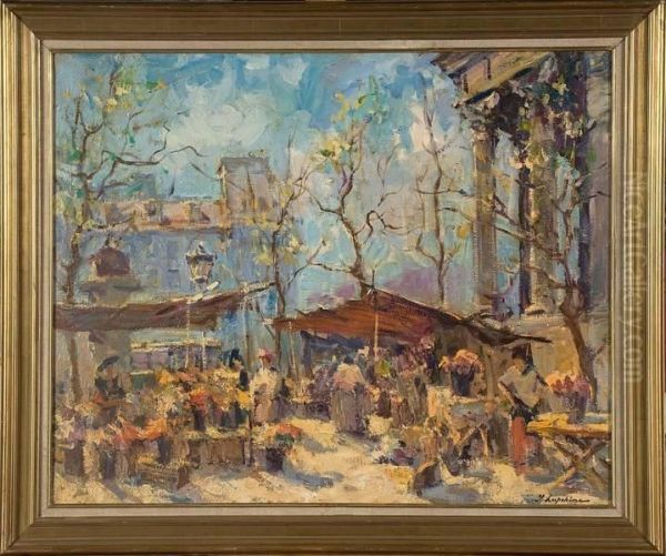 Marche Aux Fleurs A La Madeleine Oil Painting by Georges Lapchine