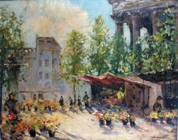 Le Marche Aux Fleurs A La Madeleine Oil Painting by Georges Lapchine