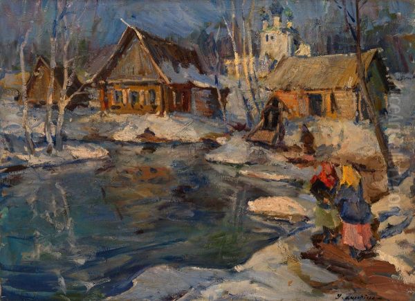 Russian Village In Winter Oil Painting by Georges Lapchine