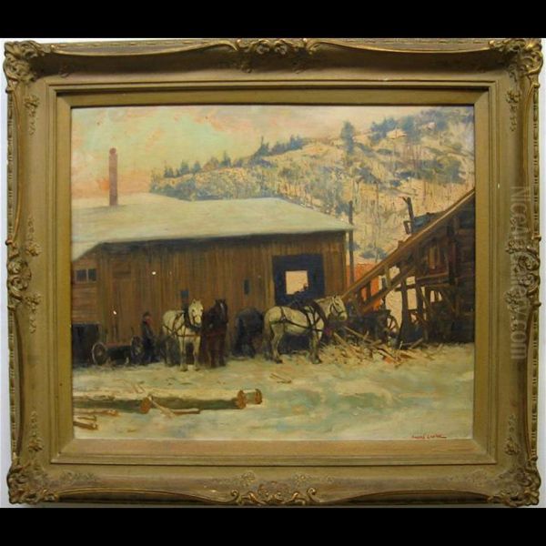 Farmer & Horses At Sawmill Oil Painting by Andreas Christian G. Lapine