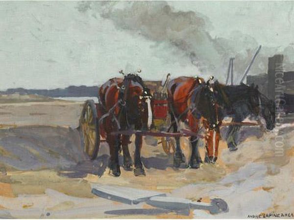 Work Horses And Cart Oil Painting by Andreas Christian G. Lapine