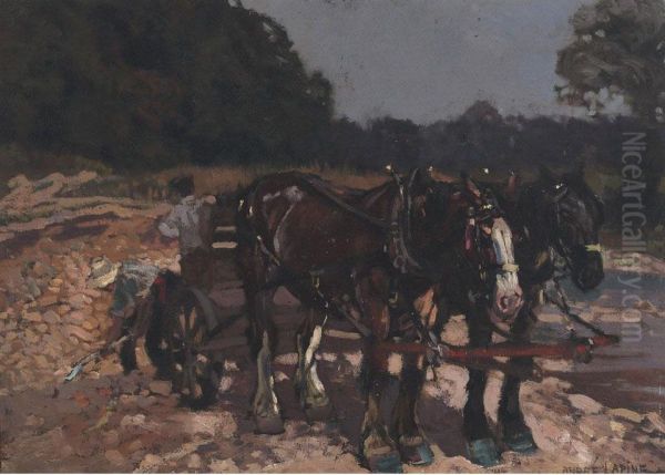 Team Of Horses At The Gravel Pit Oil Painting by Andreas Christian G. Lapine