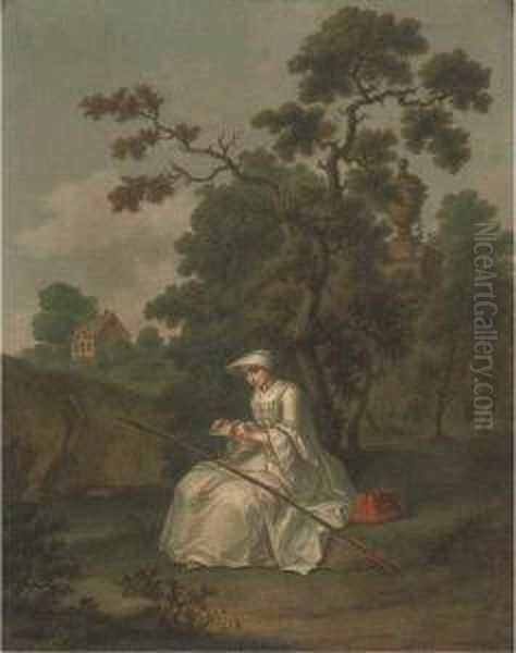 A River Landscape With A Young Lady Fishing Oil Painting by Hieronymus Lapis