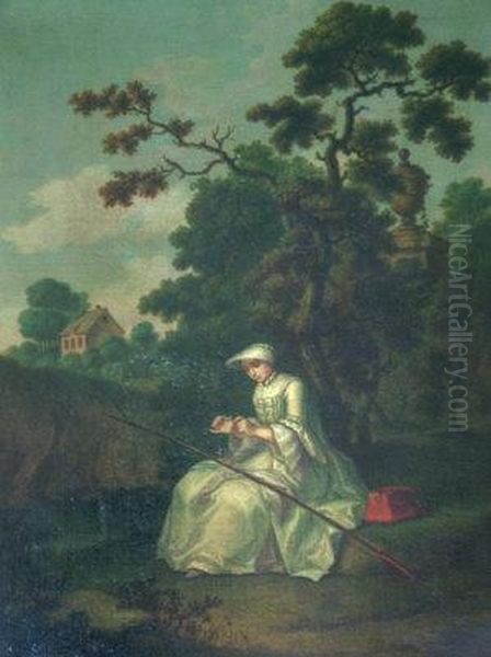 Portrait Of A Lady Fishing By A River With Woodland And A Cottage In The Distance Oil Painting by Hieronymus Lapis