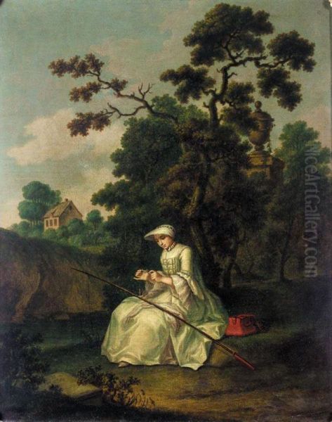 A River Landscape With A Young Lady Oil Painting by Hieronymus Lapis