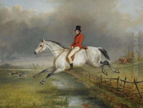 A Master Of The Royal Buckhounds Clearing A Fence On A Grey Hunter Oil Painting by George Henry Laporte