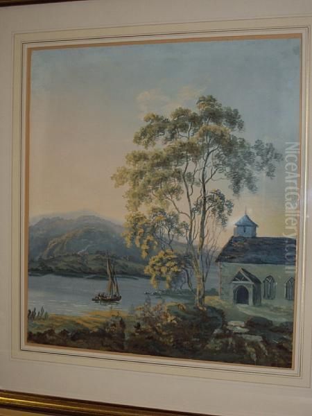 Lake Landscape, With Chapel At The Lakesideand Figures And Boat Before Oil Painting by John Laporte