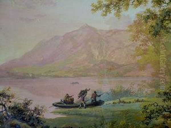 Figures By The Shores Of A Highland Loch Oil Painting by John Laporte