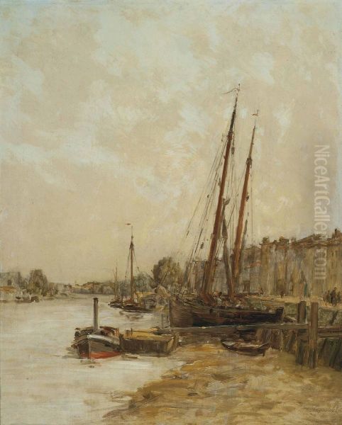 Vessels On The Seine Oil Painting by Charles Lapostolet