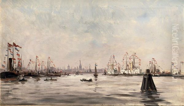 Festivities In The Amsterdam Harbour Oil Painting by Charles Lapostolet