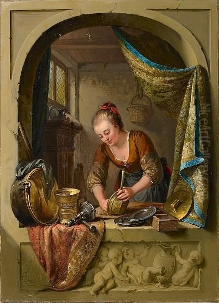 A Young Woman Cleaning Pans At A Draped Stone Arch Oil Painting by Willem Joseph Laquy