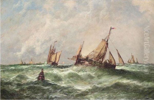 Fishing Boats In Rough Seas Oil Painting by Edwina W. Lara