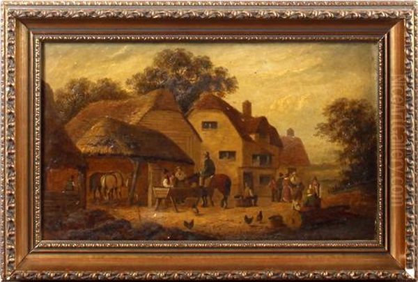 Figures And Animals Before A Farmhouse Oil Painting by Georgina Lara