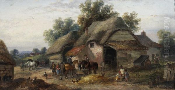 Busy Farmyard With Horses Oil Painting by Georgina Lara