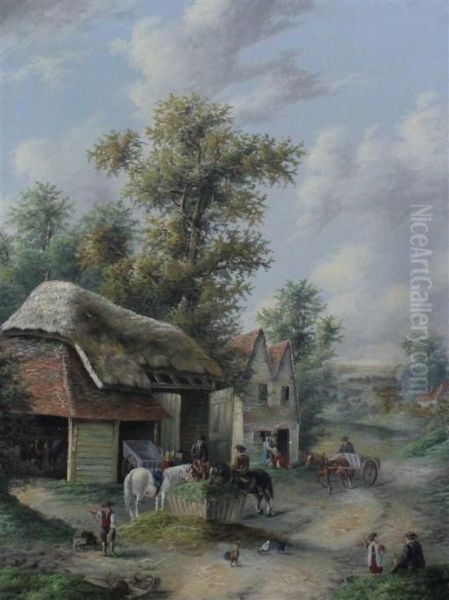 Farmyard Scenes With Horses, Figures And Chickens By Farm Building Oil Painting by Georgina Lara