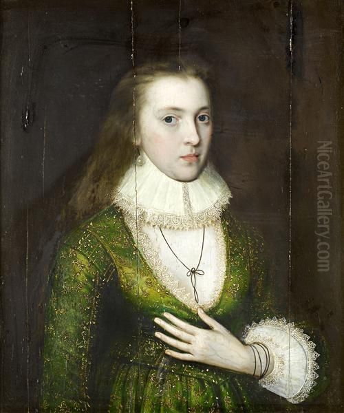 Portrait Of A Lady, Said To Be Lady Mary Darrell (died 1598), Half-length, In A Green Embroidered Dress With A Lace Collar And Cuffs And A Pearl Earring Oil Painting by William Larkin