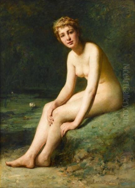 Female Nude By Pond With Water Lilies Oil Painting by Armand Laroche