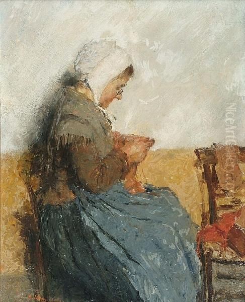 A Seated Woman Knitting Oil Painting by Evert Larock