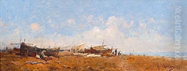 Pescadores En La Playa Oil Painting by Andres Larraga Y Montaner