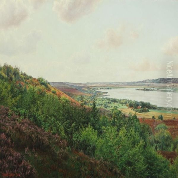 View Over Lake In Silkeborg Oil Painting by Adolf Larsen