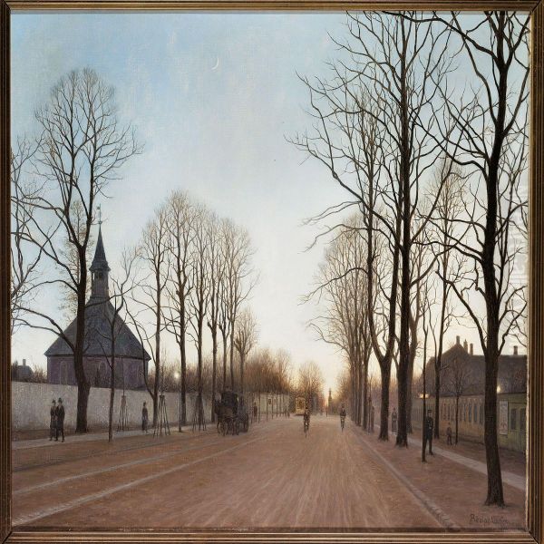 View Of Frederiksberg Alle And Frederiksberg Church Oil Painting by Adolf Larsen