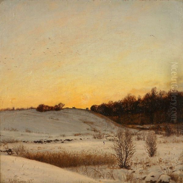 Winter Landscape With Snow Covered Fields At Sunset Oil Painting by Adolf Larsen