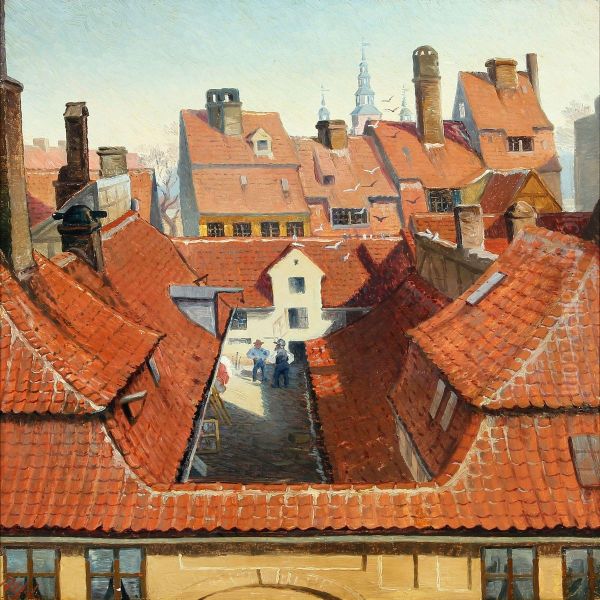 Rooftops In Copenhagen With Rosenborg Casstle In The Background Oil Painting by Alfred Valdemar Larsen