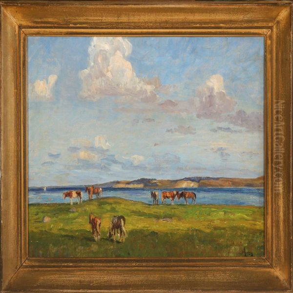 Landscape With Grassinghorses Oil Painting by Alfred Valdemar Larsen