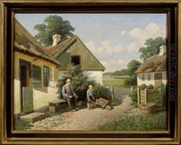 Danische Sommerlandschaft Mit Grosvater Und Enkel Vor Einem Gehoft Oil Painting by Alfred Valdemar Larsen