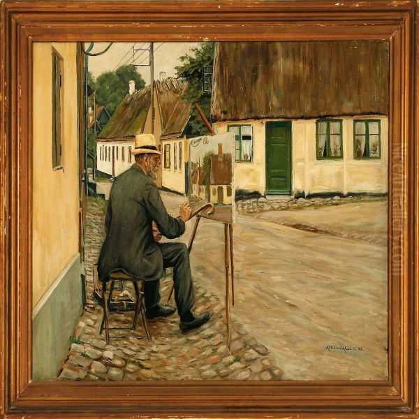 Street Scene From A Danish Village With The Artist And His Easel Oil Painting by Axel W. Larsen