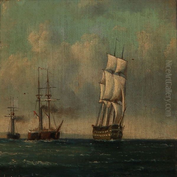 En Russisk Fregate 2 Daekker Under Opsejling I Sundet Oil Painting by Emanuel Larsen