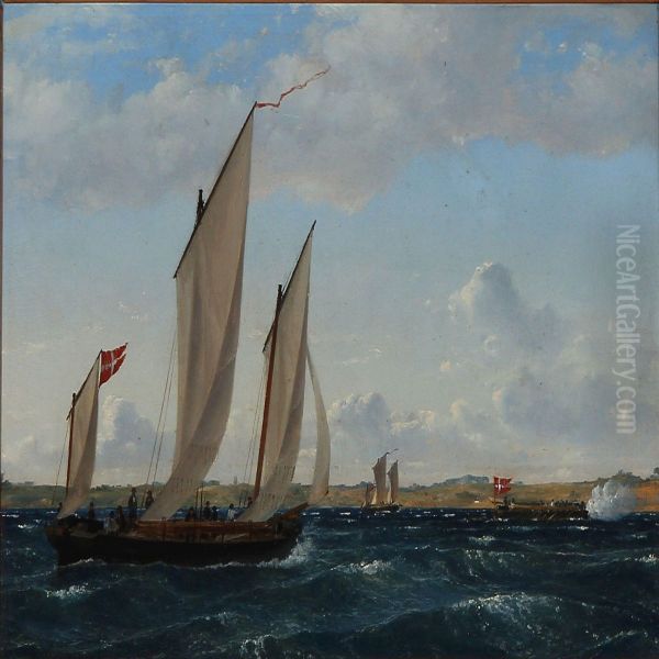 Danish Ships Off A Coast Oil Painting by Emanuel Larsen