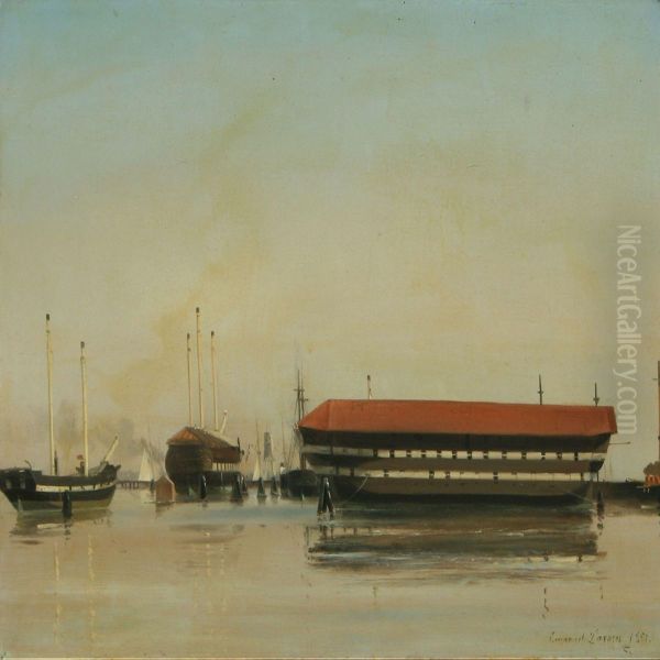 Seascape With The Ship Of The Line Dannebrog In Copenhagen Harbour Oil Painting by Emanuel Larsen