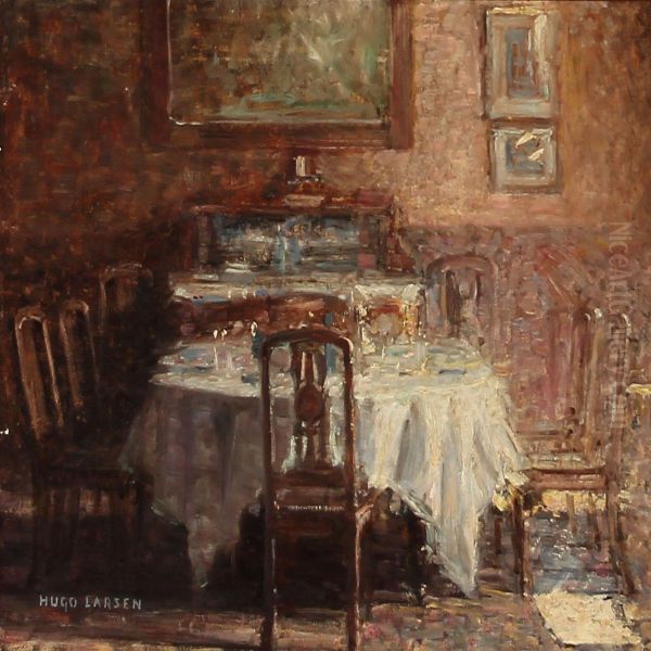 Living Room Interior With A Set Table Oil Painting by Hugo Valdemar Larsen