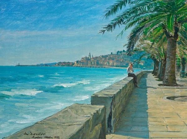 Scenery From Menton, In The Foreground A Young Woman Oil Painting by Frederik Larsen-Saerslov