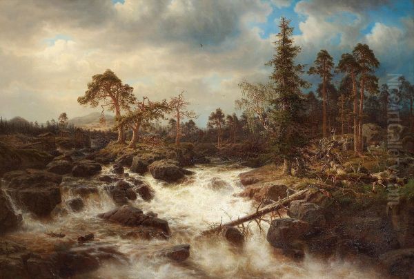 Romantic Landscape With Waterfall Oil Painting by Marcus Larson