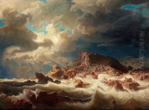 Stormy Sea With Ship Wreck Oil Painting by Marcus Larson